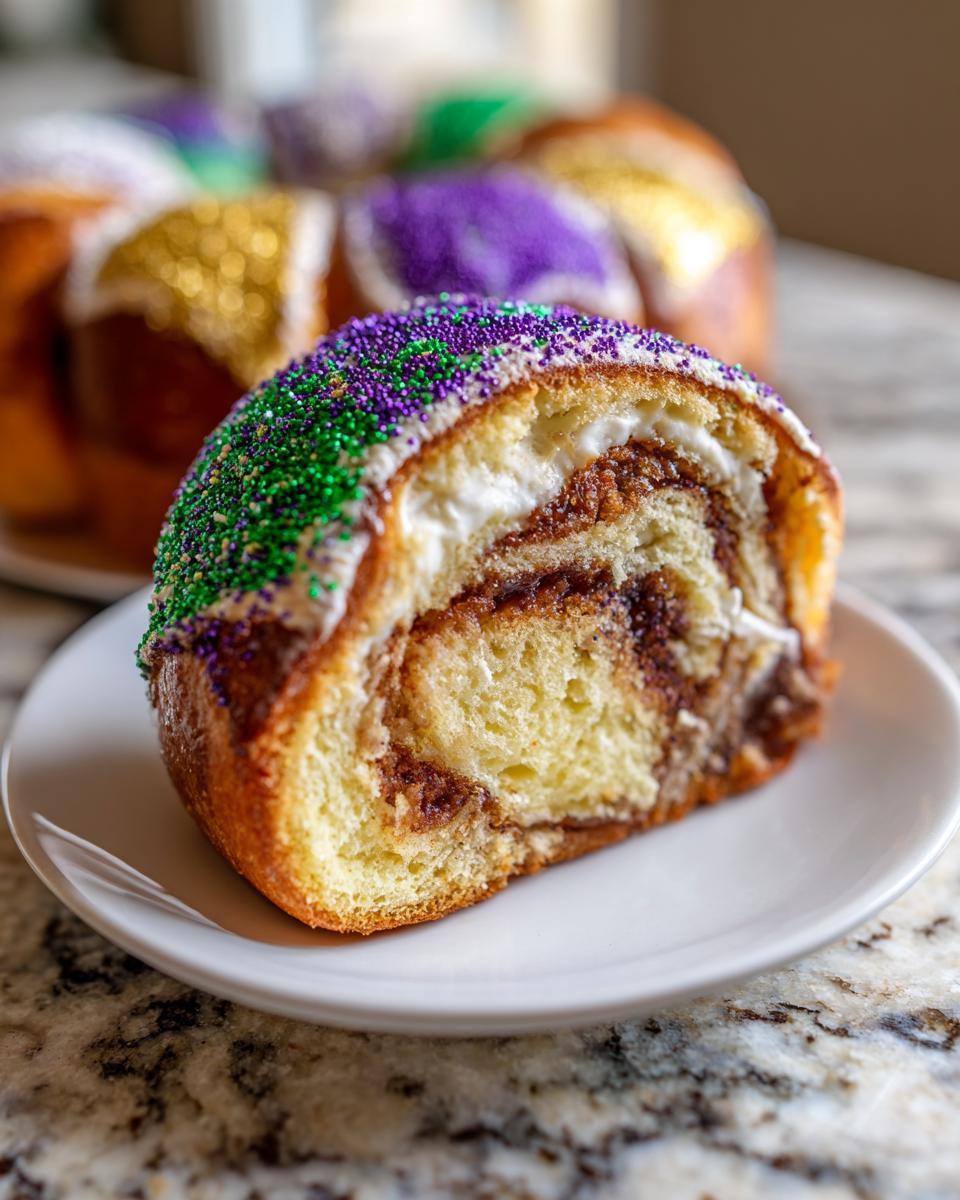 Close-up of a slice of king cake showing cinnamon filling and cream cheese frosting topped with purple and green sprinkles.