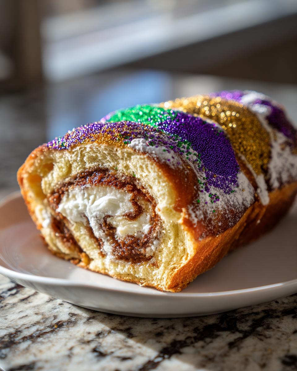 Cross-section of a delicious king cake showing layers of cinnamon filling and cream cheese swirl, topped with purple, green, and gold sprinkles.