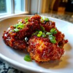 Close-up of crispy, glazed korean fried chicken pieces garnished with fresh chopped green onions.