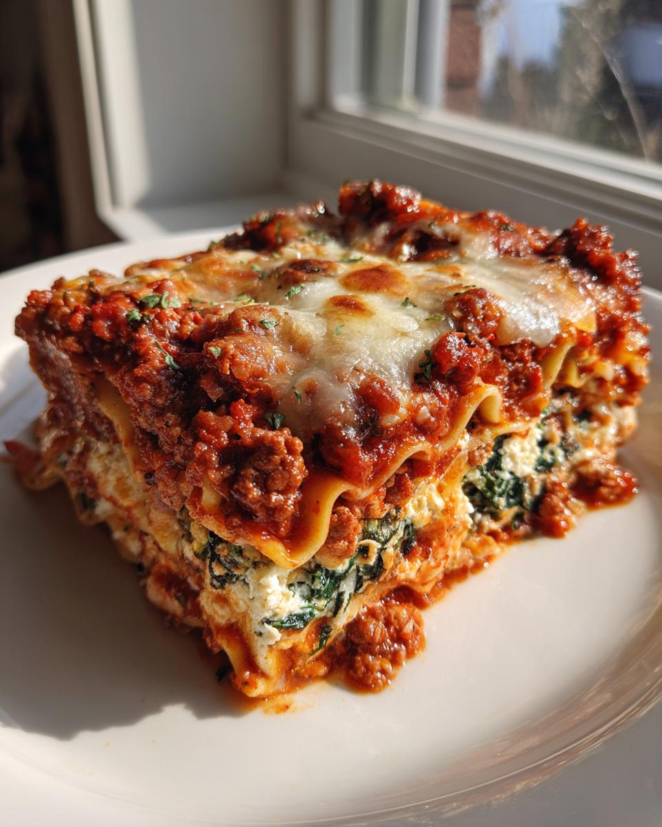 A thick, layered slice of Lasagna with Cottage Cheese, meat sauce, and melted cheese topping, served on a white plate.