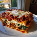 A thick, layered slice of Lasagna with Cottage Cheese, featuring rich meat sauce, white cheese filling, and spinach, served on a white plate.