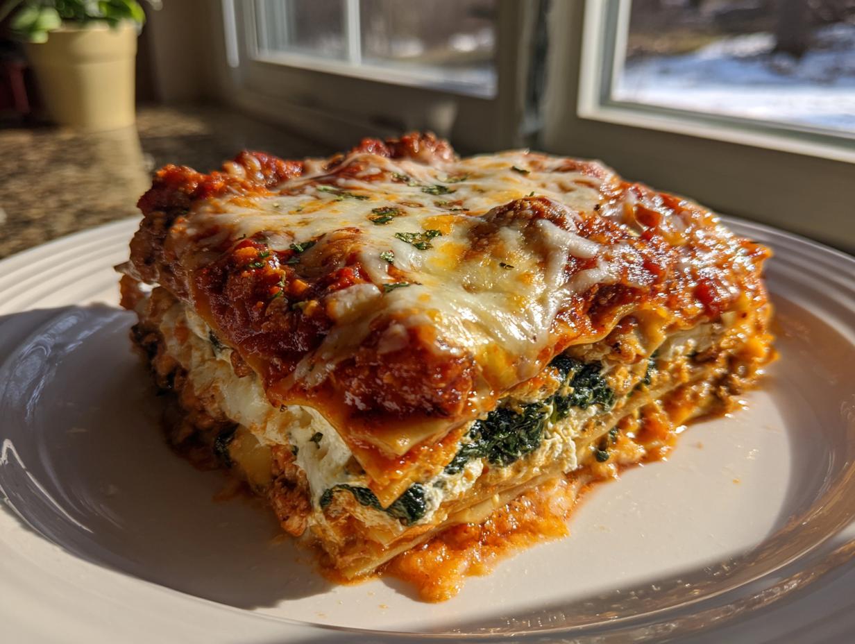A thick, layered slice of lasagna with cottage cheese and spinach, topped with melted cheese and sauce.