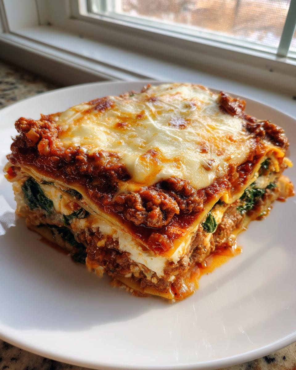 A thick, layered slice of Lasagna with Cottage Cheese, meat sauce, and spinach, topped with melted, browned cheese.