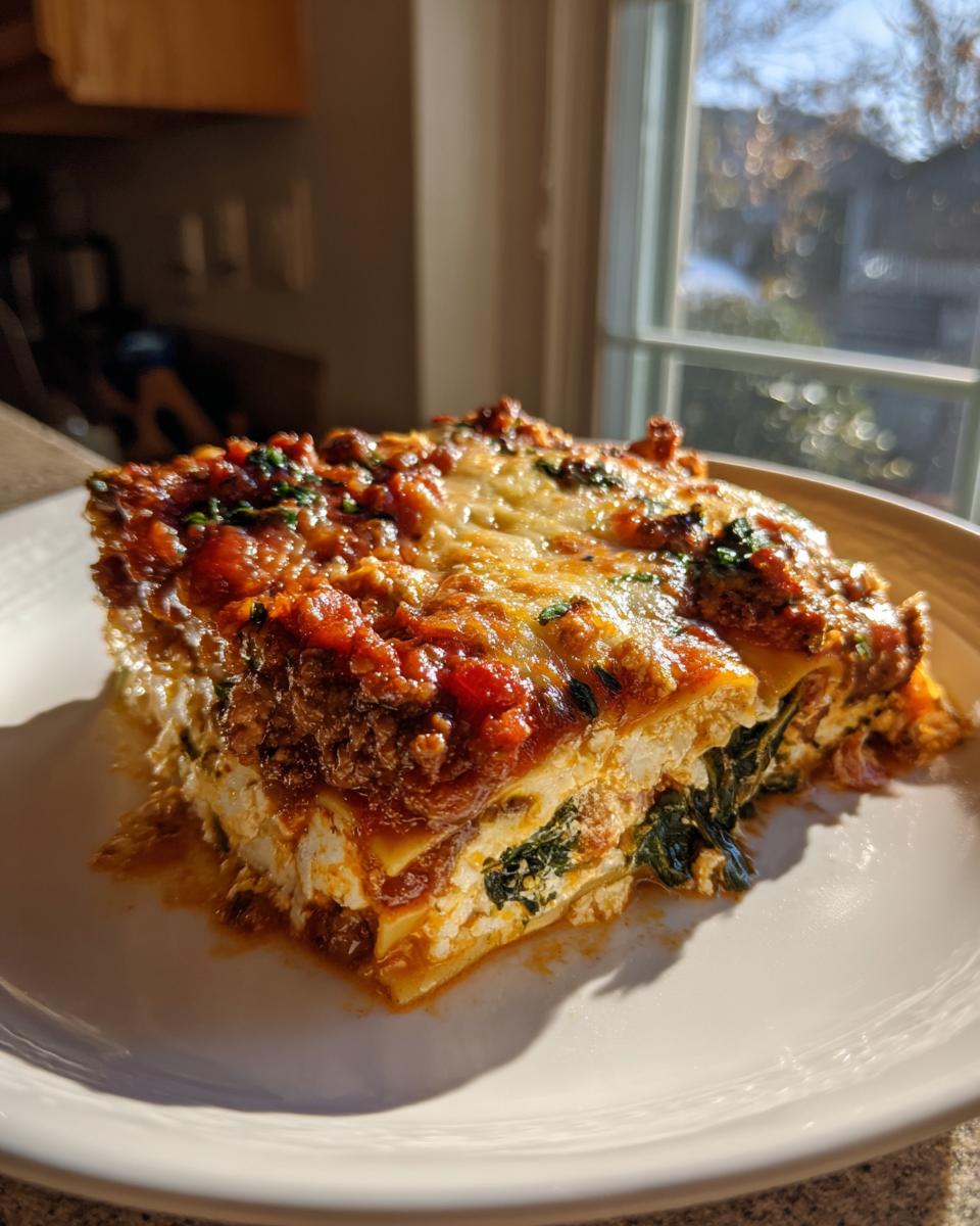 A generous slice of lasagna with cottage cheese, meat sauce, and spinach layers, served on a white plate.