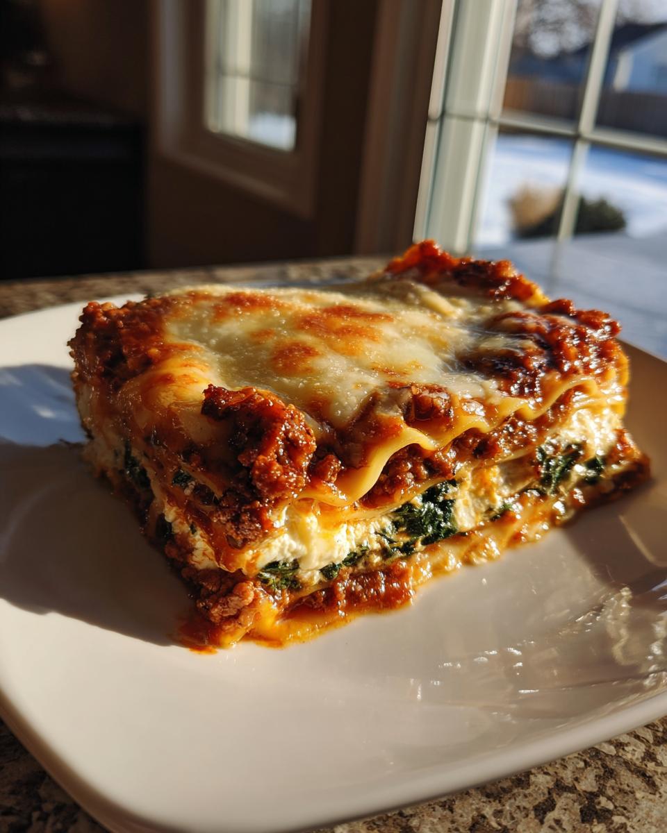 A close-up of a hearty slice of Lasagna with Cottage Cheese, showing layers of pasta, meat sauce, spinach, and melted cheese topping.