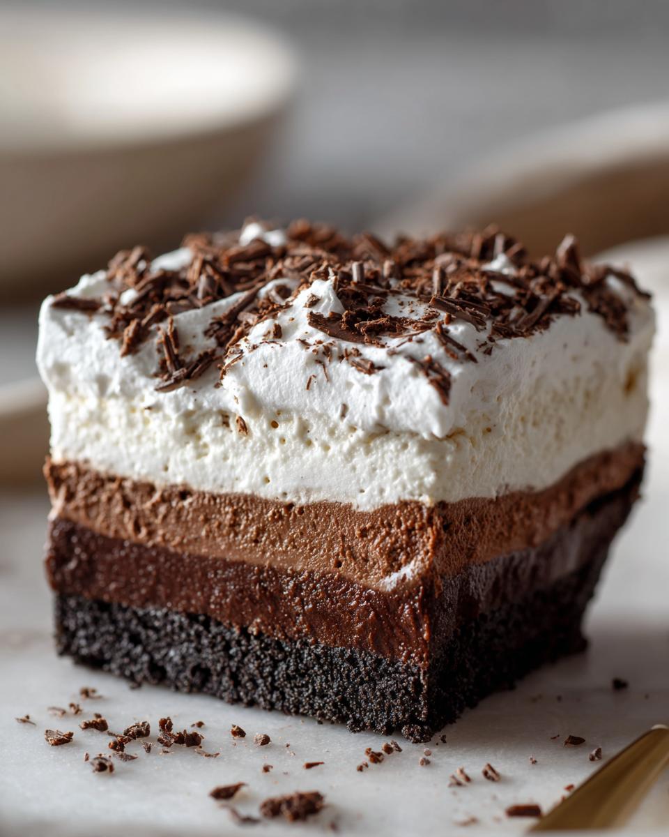 A square slice of layered mud pie dessert with a dark crust, two chocolate mousse layers, whipped cream, and chocolate shavings.