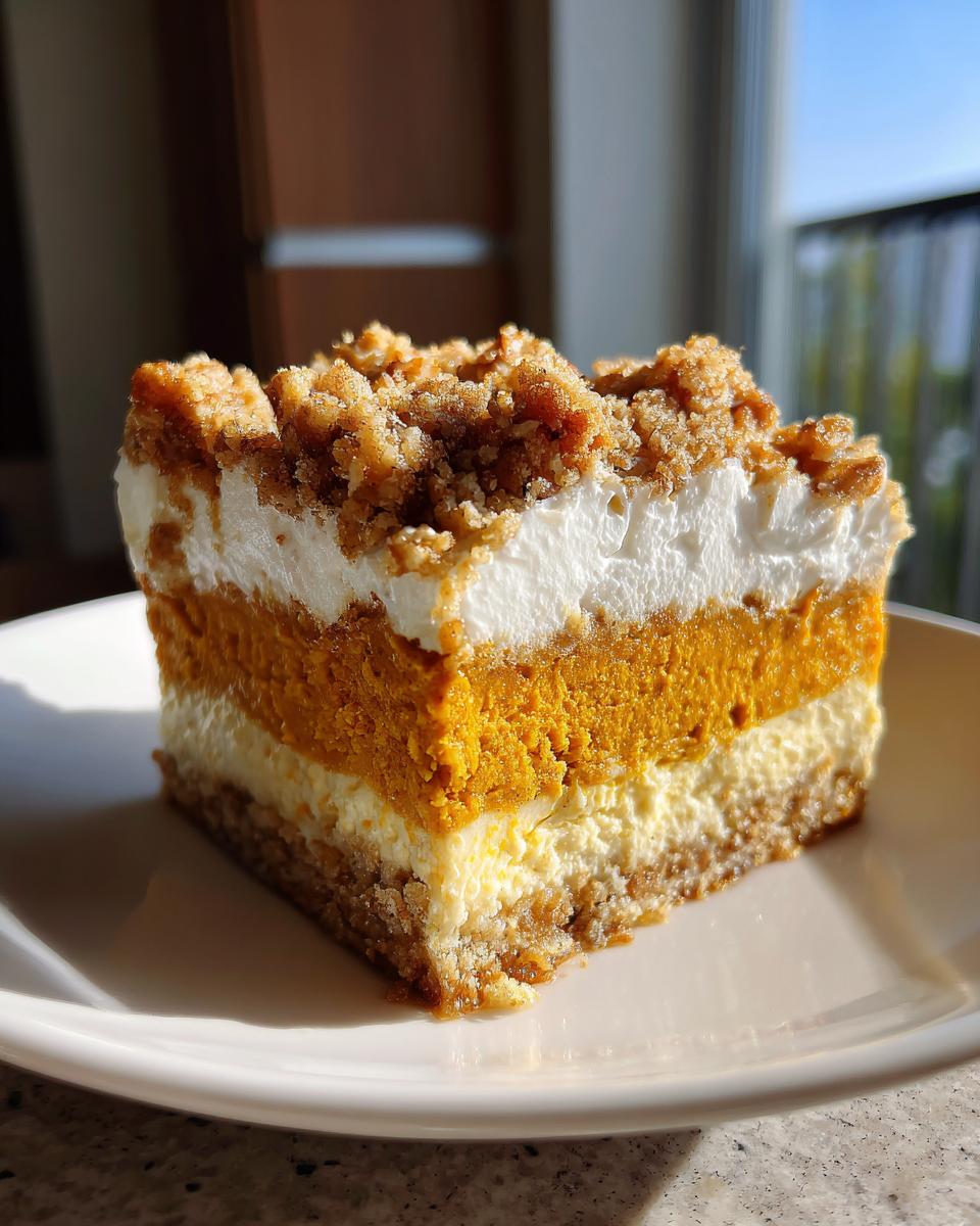 A tall, layered slice of pumpkin crunch dessert featuring a crust, cream cheese layer, pumpkin layer, whipped topping, and crumble topping.
