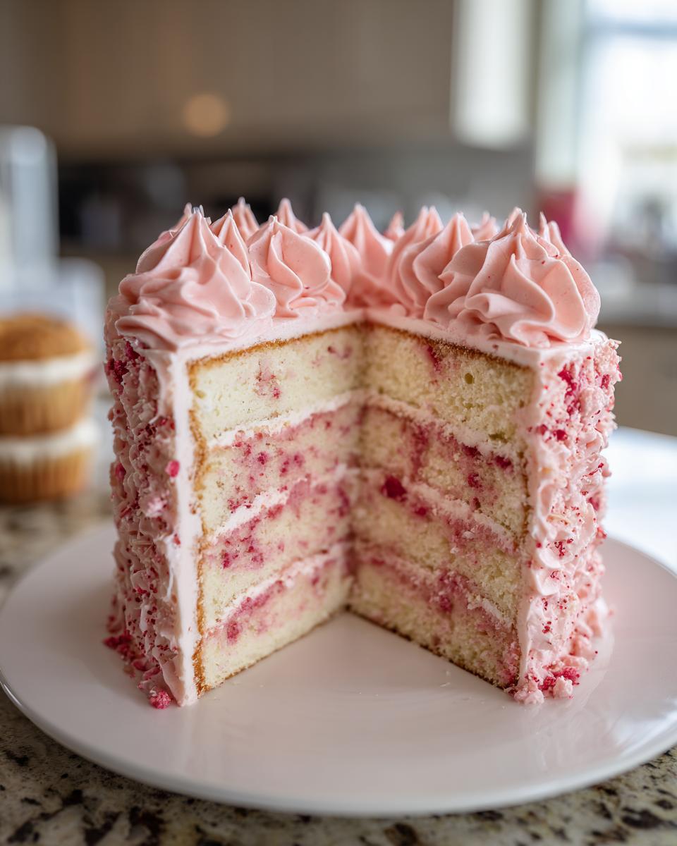 A cross-section view of a layered rose cake with pink frosting swirls and berry filling.