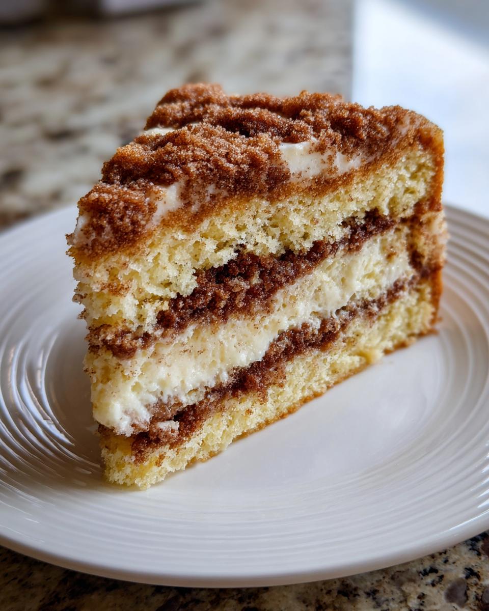 A tall slice of layered sour cream coffee cake featuring yellow cake, white cream filling, and dark cinnamon streusel topping.