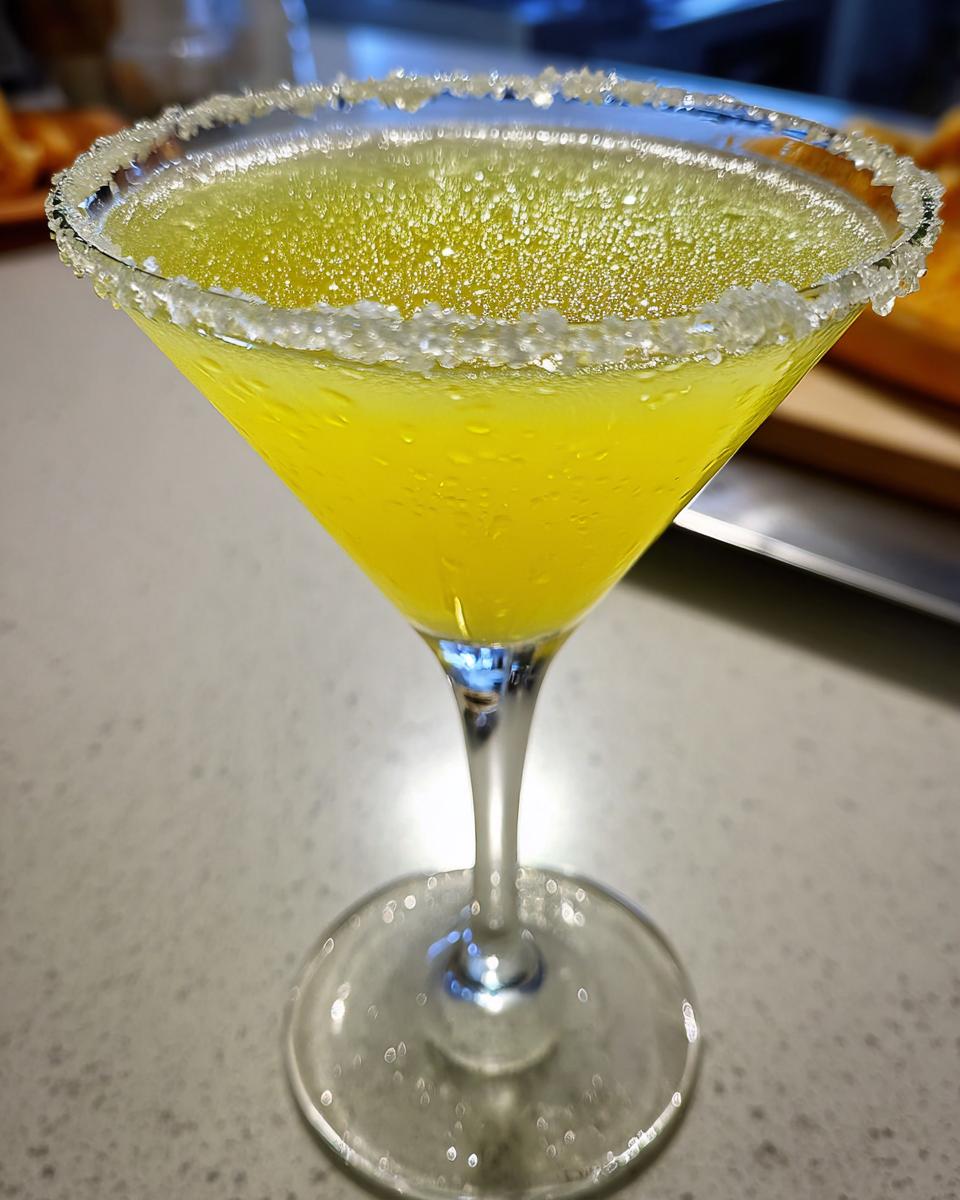 A bright yellow, frosty lemon drop martini served in a coupe glass with a thick, sparkling sugar rim.
