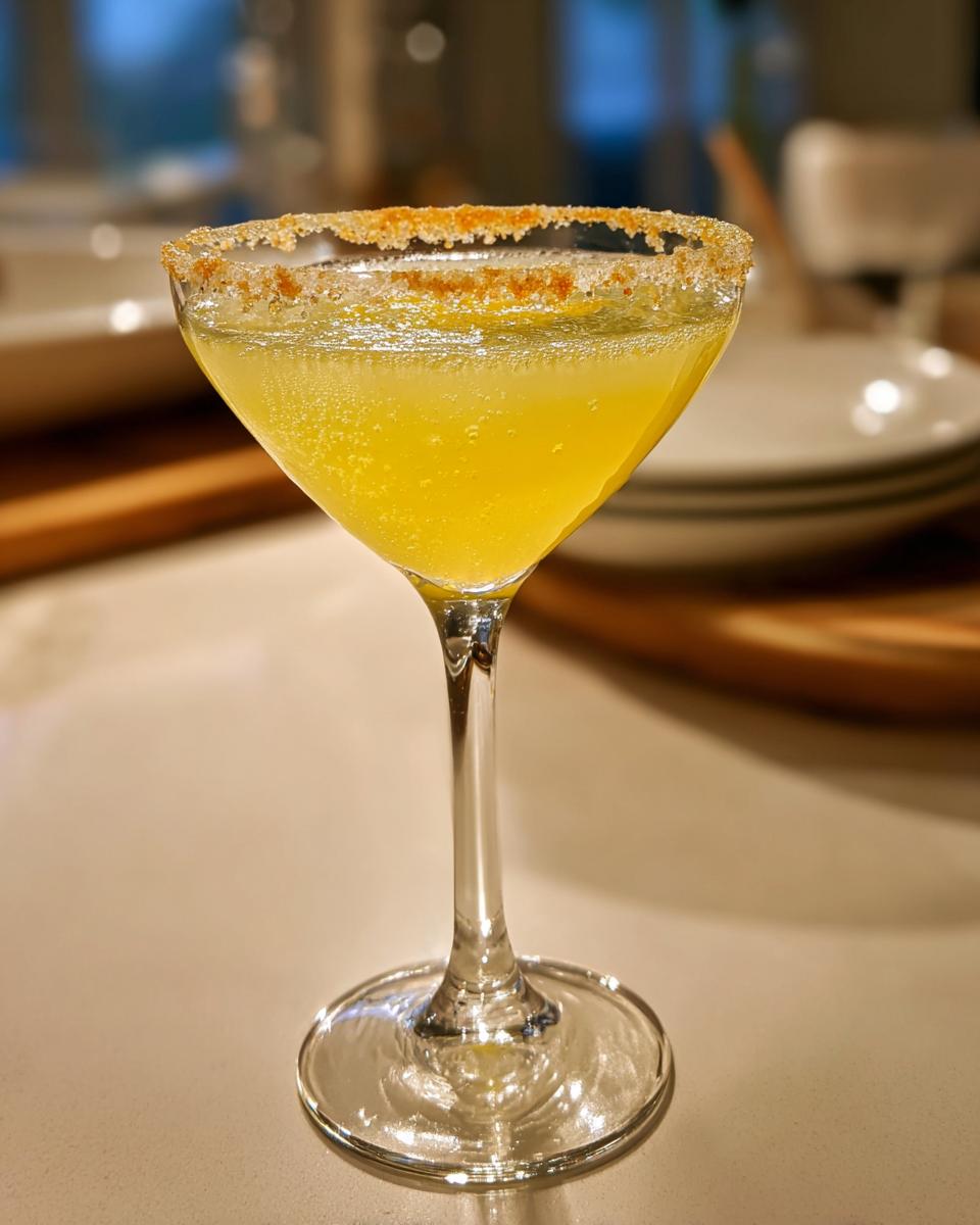 A bright yellow lemon drop martini served in a coupe glass with a sparkling sugar rim.