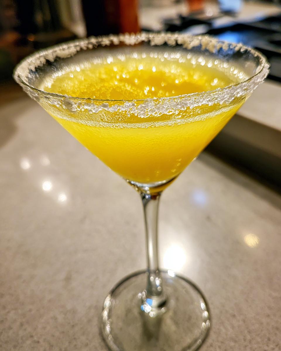 Close-up of a bright yellow, chilled lemon drop martini in a coupe glass with a thick sugar rim.