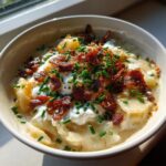 Close-up of a bowl of creamy loaded baked potato soup topped generously with sour cream, crispy bacon bits, and fresh chives.