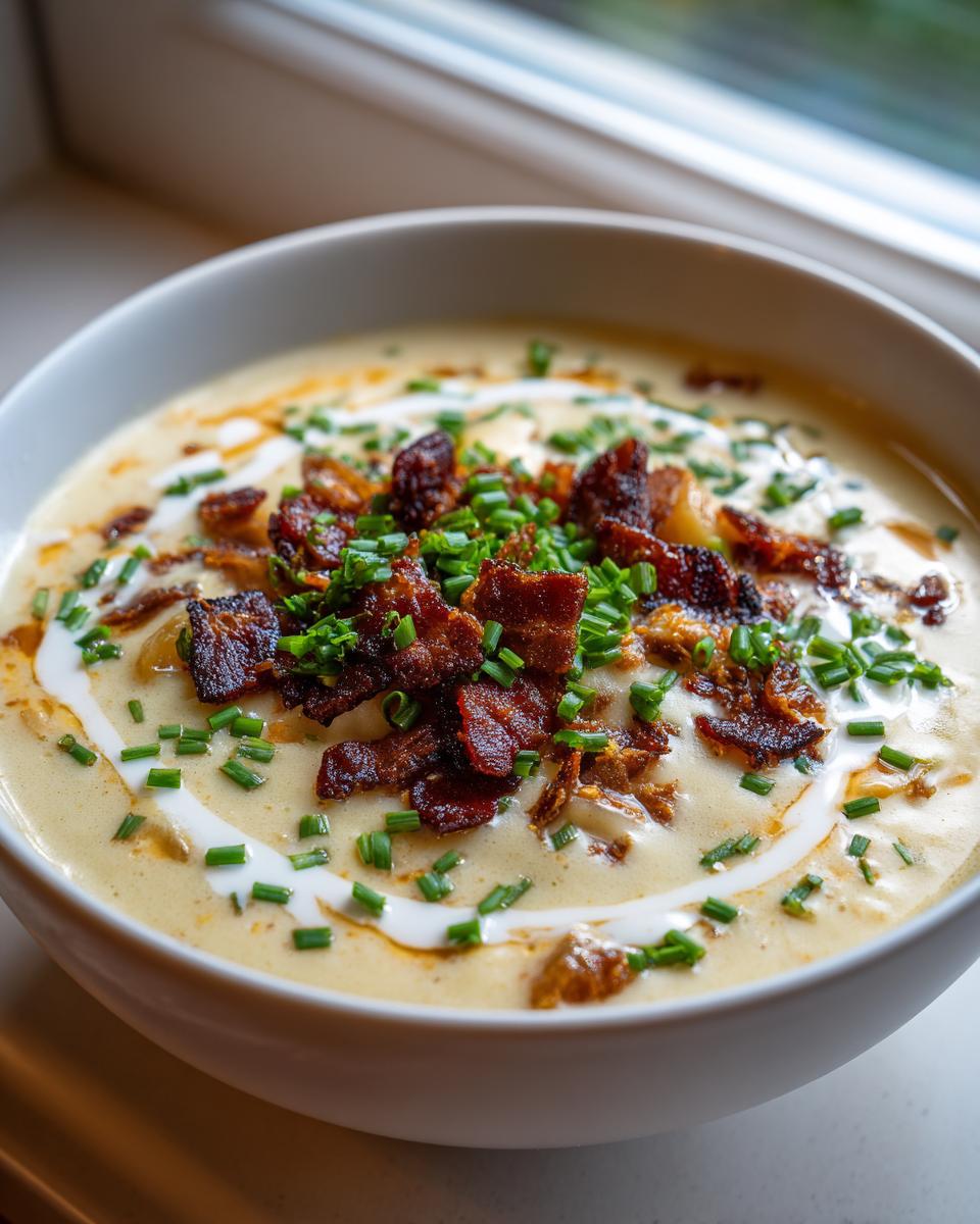 A close-up of a bowl of rich loaded baked potato soup topped generously with crispy bacon bits and fresh green chives.
