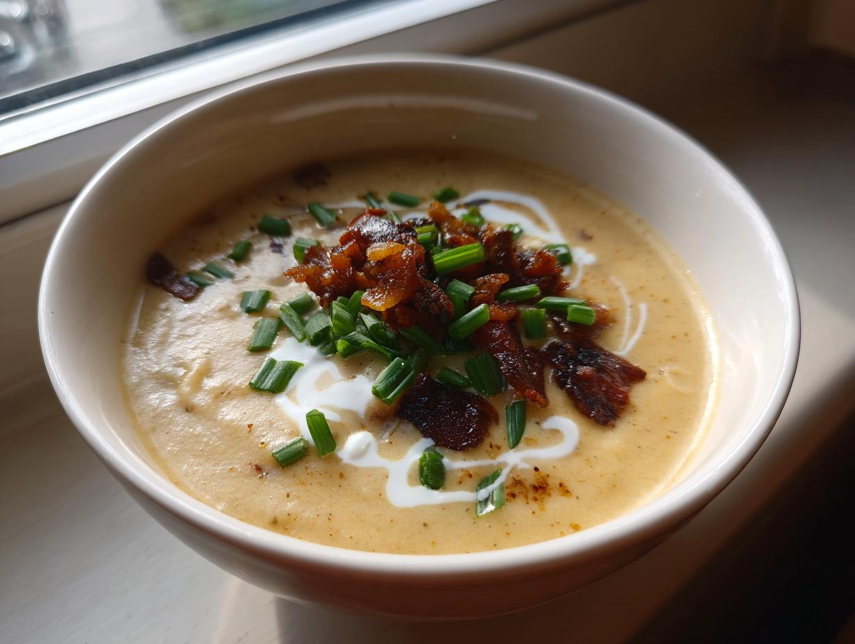 Close-up of a creamy bowl of loaded baked potato soup topped with crispy bacon bits, sour cream swirls, and fresh green chives.
