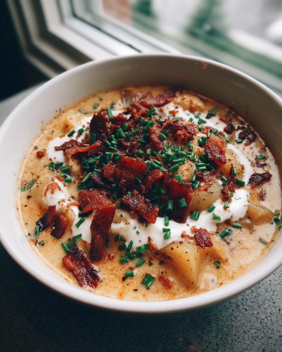 A close-up of a bowl of creamy loaded baked potato soup topped generously with sour cream, crispy bacon bits, and fresh green chives.