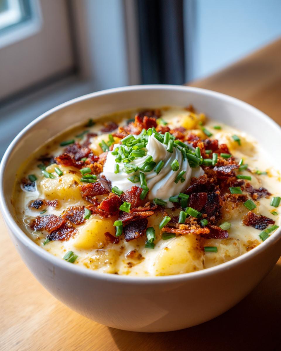Close-up of a hearty bowl of loaded baked potato soup topped with sour cream, bacon bits, and fresh chives.