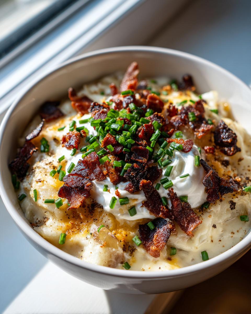 Close-up of a creamy bowl of loaded baked potato soup topped with sour cream, crispy bacon bits, and fresh green chives.