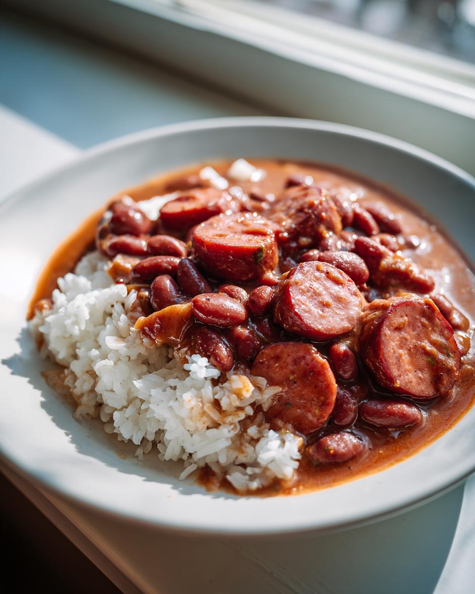 Close-up of a serving of savory beans and rice topped with sliced smoked sausage.