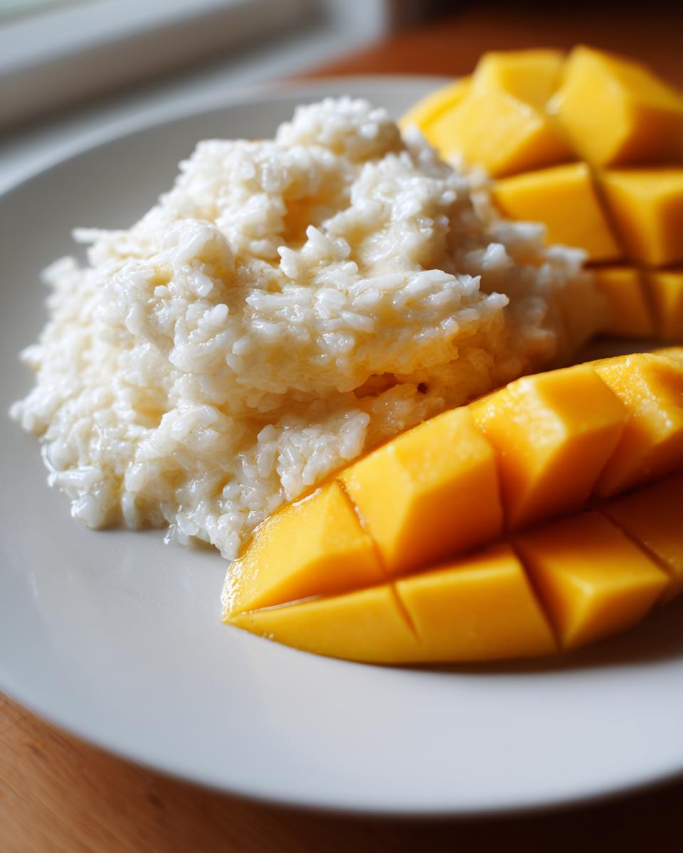 A close-up shot of creamy, sweet mango sticky rice served on a white plate.