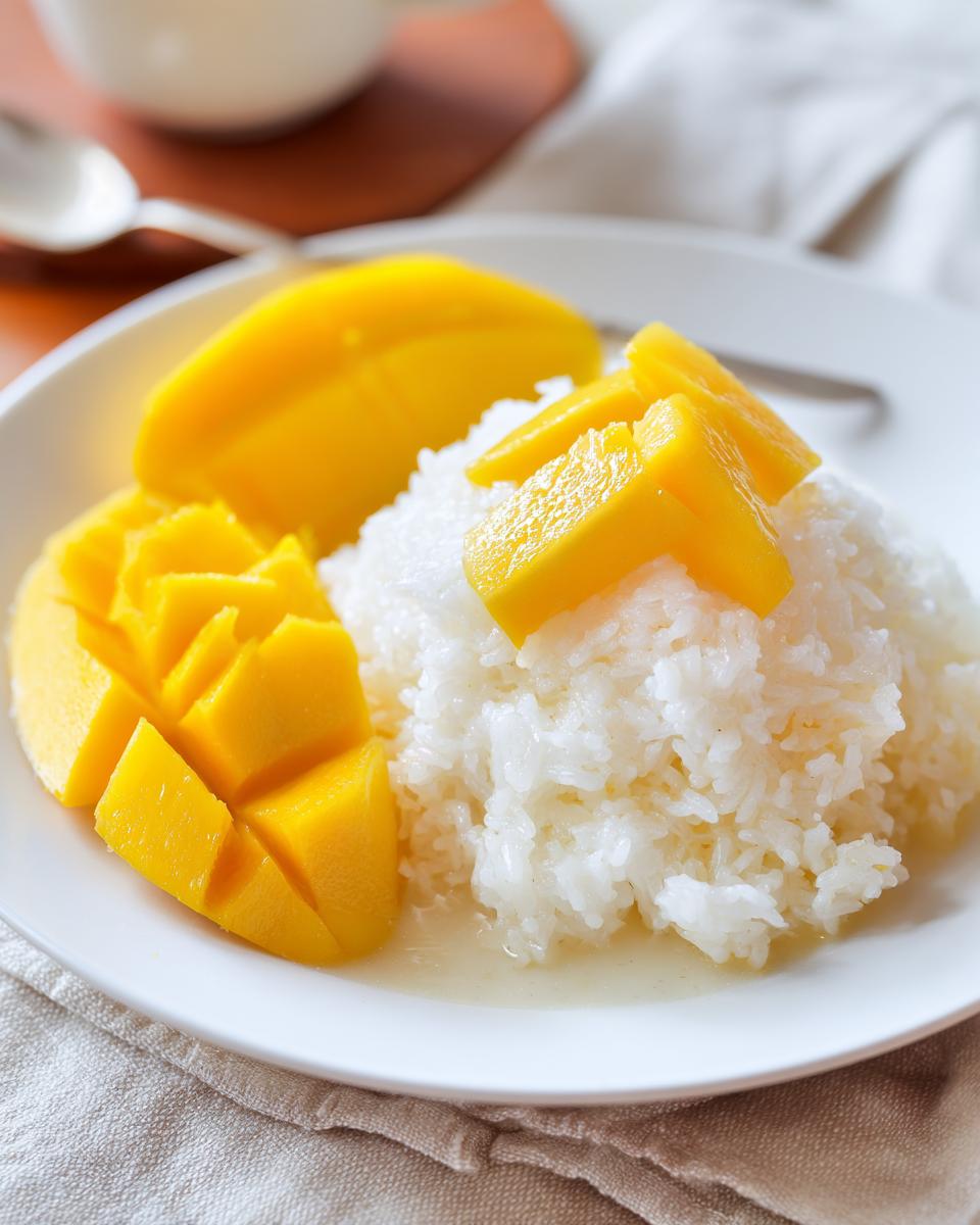 A white plate featuring a serving of sweet sticky rice topped with fresh, bright yellow mango slices for mango sticky rice.