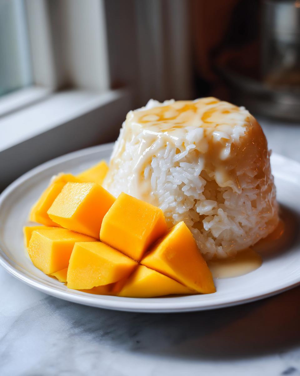 A molded serving of sweet sticky rice topped with coconut cream sauce, next to bright yellow cubes of fresh mango, representing mango sticky rice.