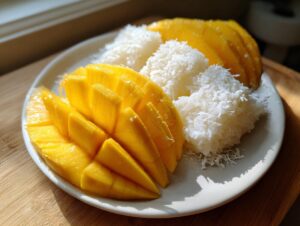 A plate featuring perfectly sliced ripe mango alongside mounds of sweet coconut sticky rice, showcasing the classic mango sticky rice dessert.