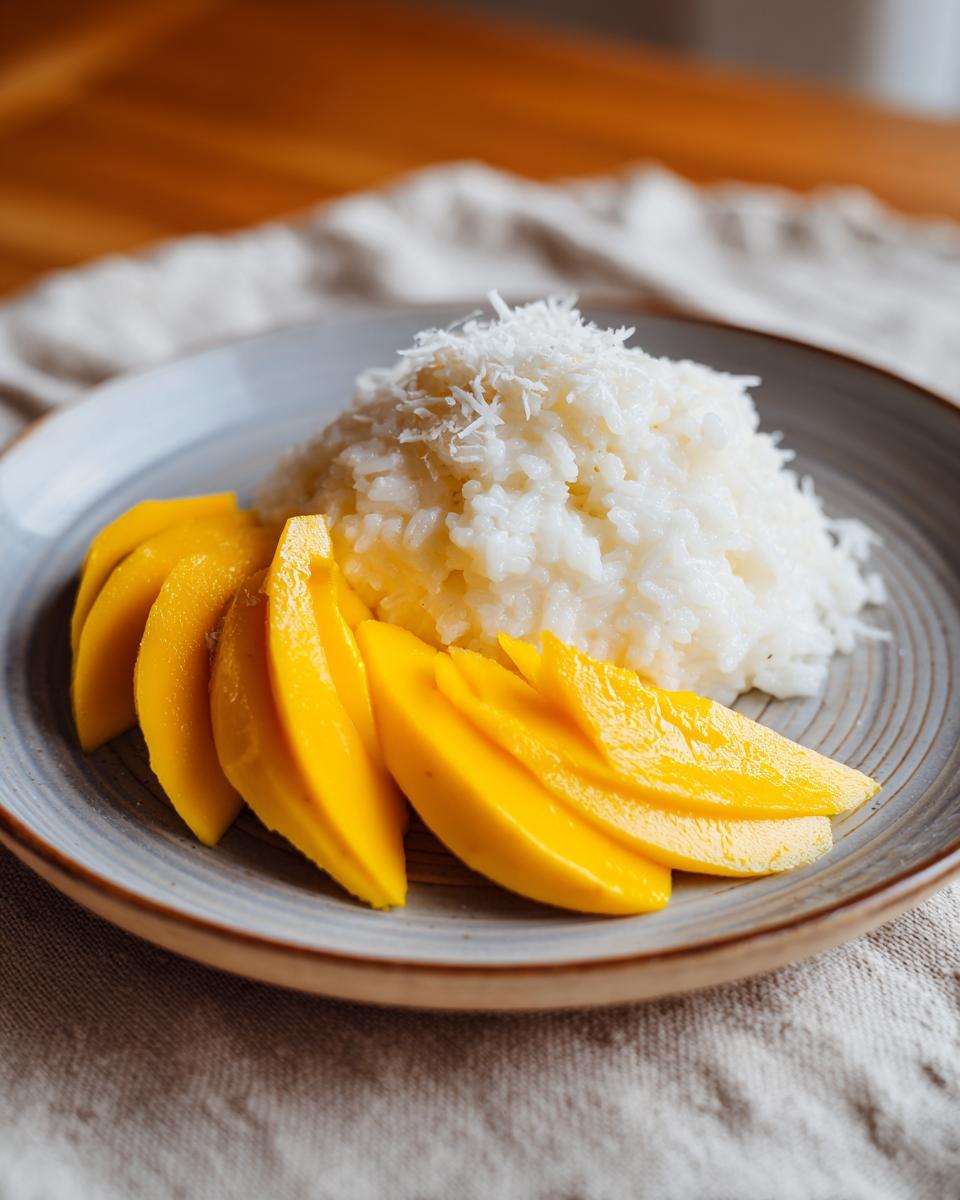 A serving of mango sticky rice featuring bright yellow mango slices next to sweet rice topped with shredded coconut.