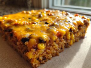 Close-up of a hearty slice of mexican rice casserole topped with melted orange cheddar cheese, corn, and black beans.