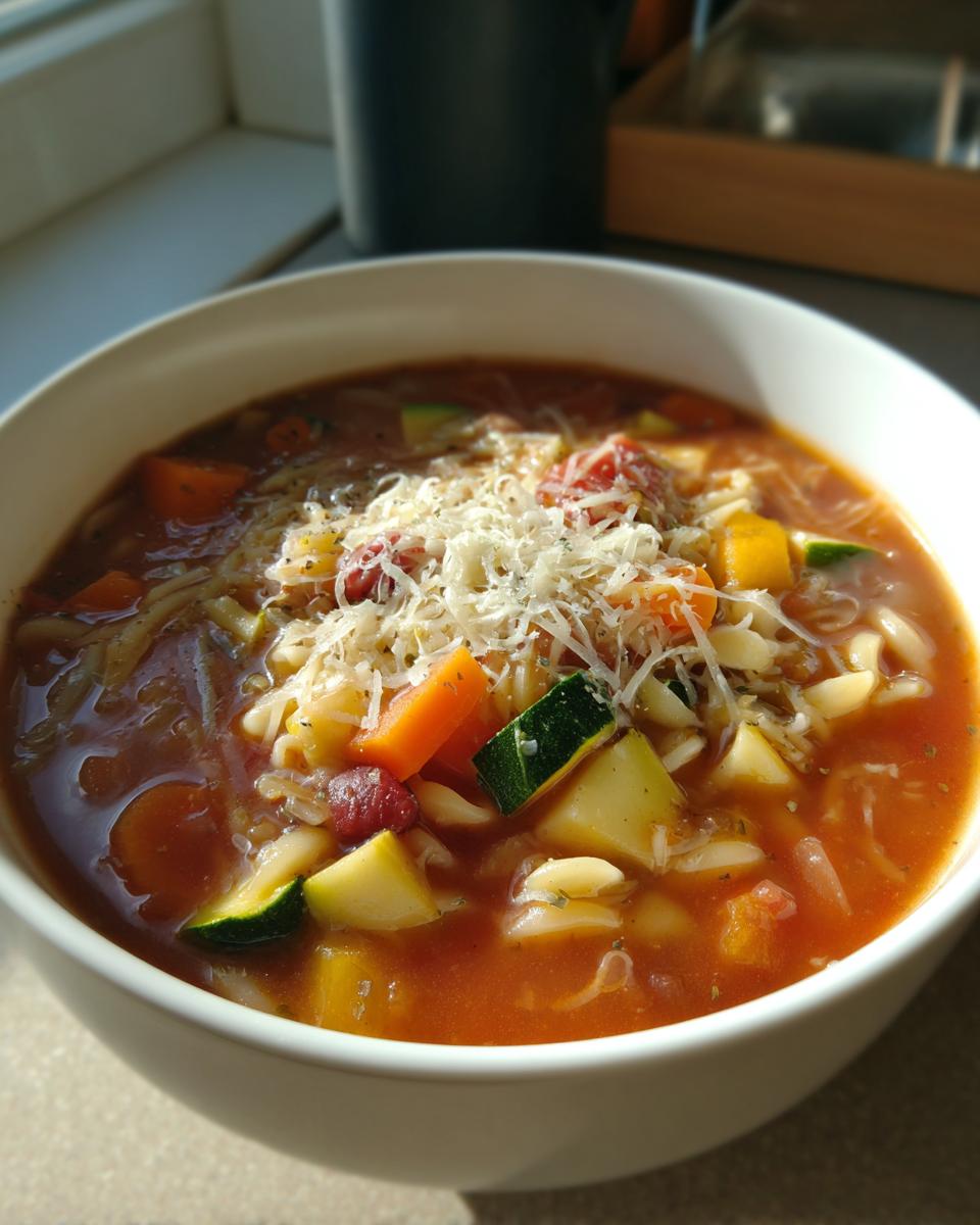 A close-up of a white bowl filled with vibrant minestrone soup, topped generously with grated Parmesan cheese.