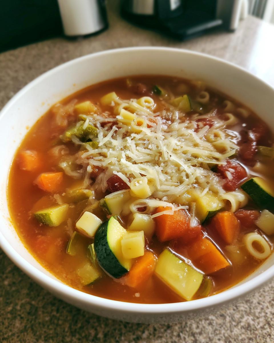 Close-up of a white bowl filled with vibrant minestrone soup, featuring chunks of zucchini, carrots, pasta, and topped with grated Parmesan cheese.