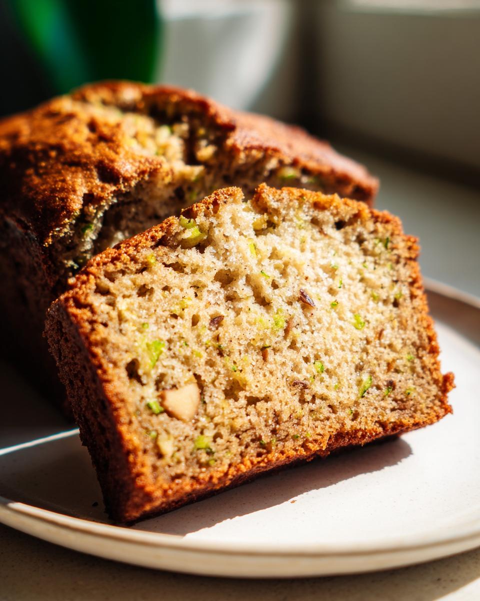 Close-up of a thick slice of moist banana zucchini bread showing green zucchini shreds and nuts.