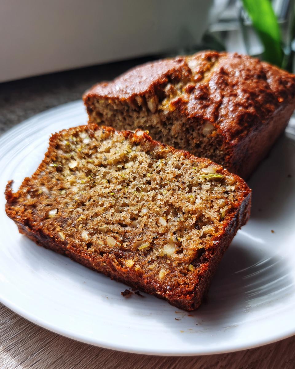Close-up of a moist slice of banana zucchini bread next to the rest of the loaf on a white plate.