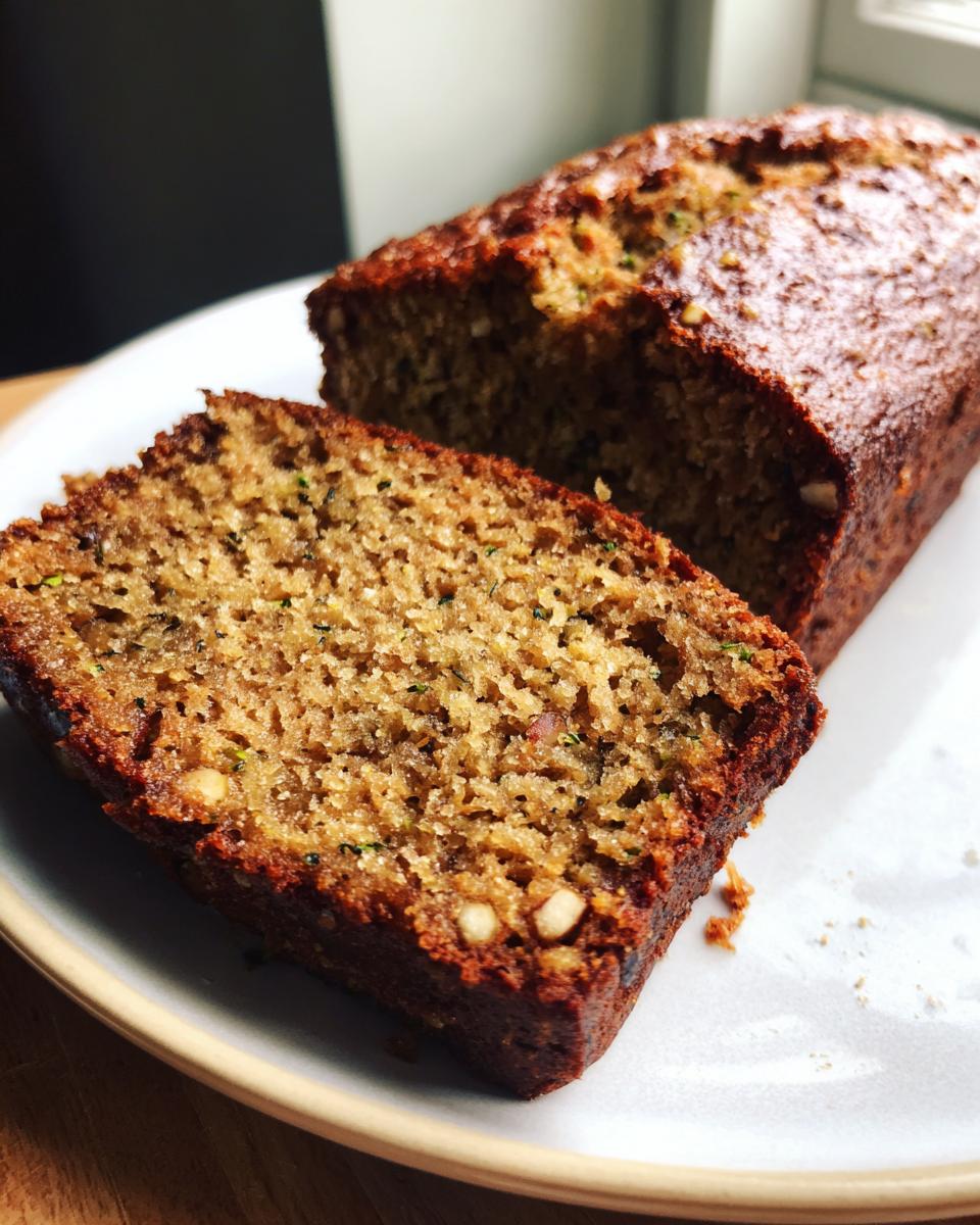 A close-up of a thick slice cut from a freshly baked banana zucchini bread loaf, showing its moist texture and visible zucchini flecks.