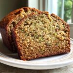 Close-up of two thick slices of moist banana zucchini bread showing flecks of green zucchini and nuts.