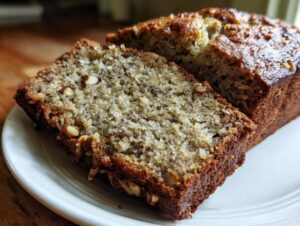 Close-up of two slices of moist banana zucchini bread, showing nuts baked into the crumb.