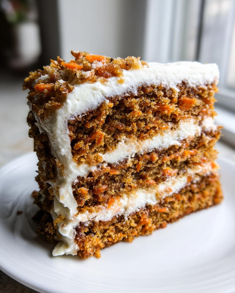A tall, moist slice of carrot cake recipe layered with thick cream cheese frosting and topped with shredded carrots.