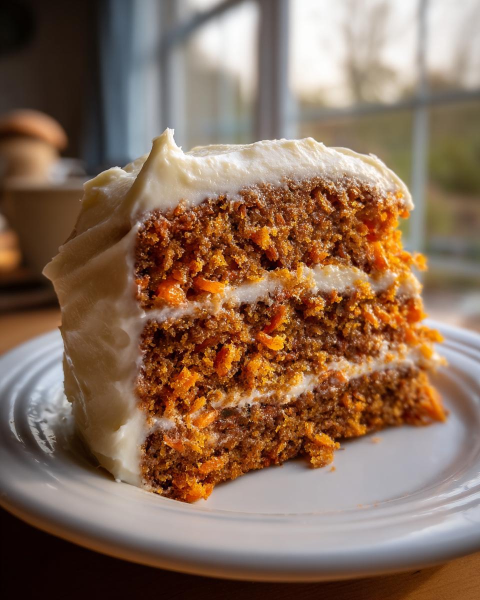 A thick, moist slice of carrot cake recipe with visible shredded carrots and rich cream cheese frosting layers.