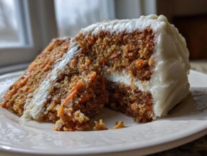 Close-up of a moist slice of carrot cake recipe showing visible shredded carrots and thick cream cheese frosting.