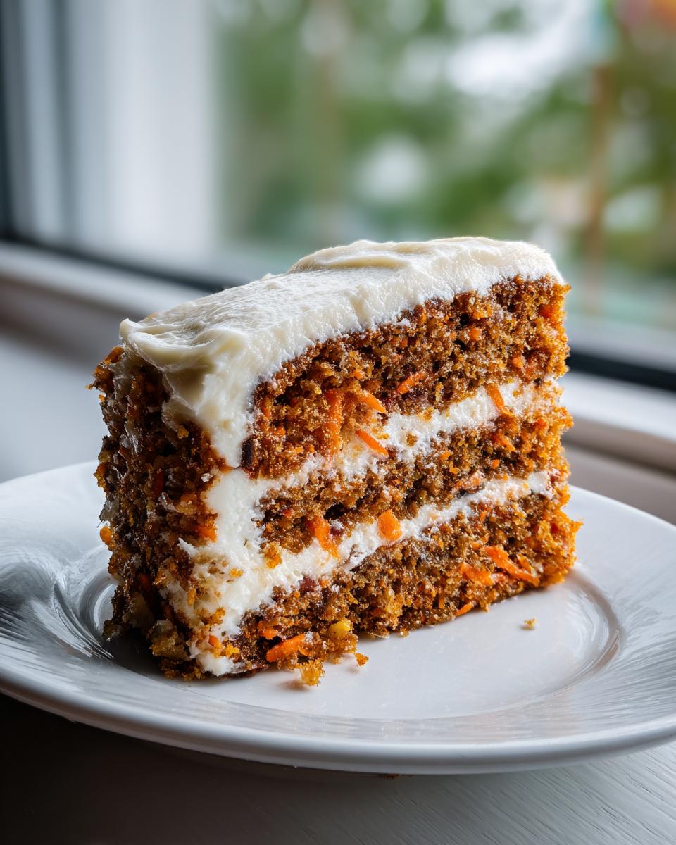 A tall, moist slice of carrot cake recipe with visible shredded carrots and thick cream cheese frosting layers.