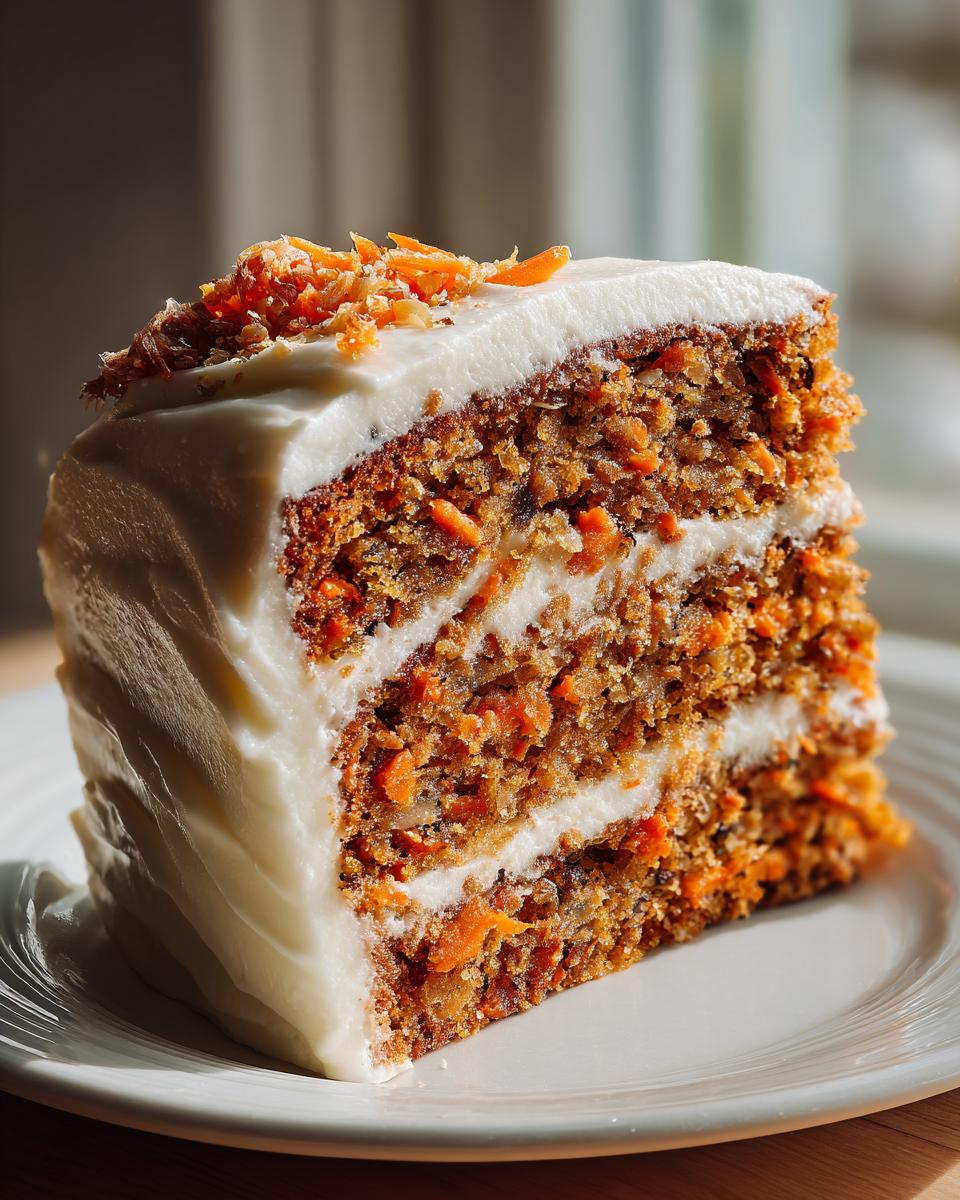 Close-up of a moist, layered slice of carrot cake recipe with thick cream cheese frosting and shredded carrot topping.