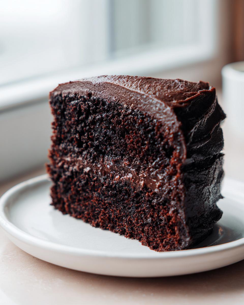 Close-up of a rich, dark slice of moist chocolate cake topped with thick chocolate frosting on a white plate.