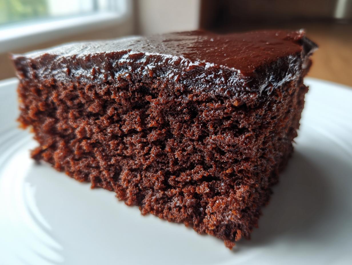 Close-up of a rich, dark slice of moist chocolate cake topped with shiny chocolate glaze.