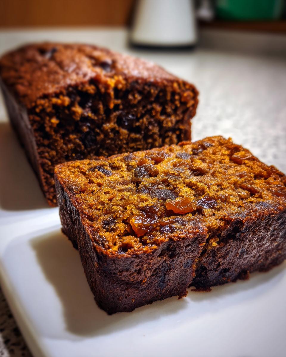 Close-up of a moist slice of dark, rich date nut bread next to the rest of the loaf.