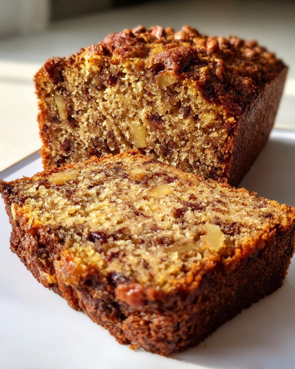 Close-up of a moist slice of date nut bread showing visible dates and walnuts throughout the crumb.