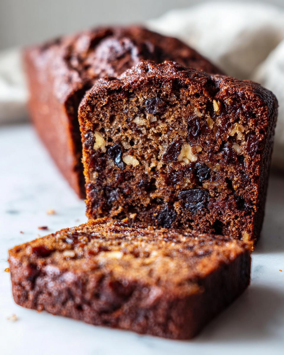 Close-up of moist date nut bread, showing visible dates and walnuts in the dark, rich crumb.