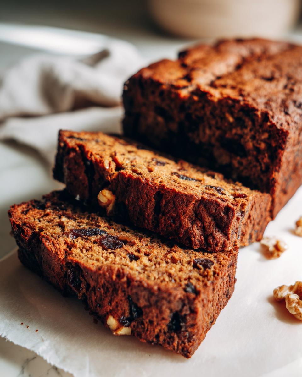 Close-up of two thick slices of moist date nut bread showing visible dates and walnuts, with the rest of the loaf behind.