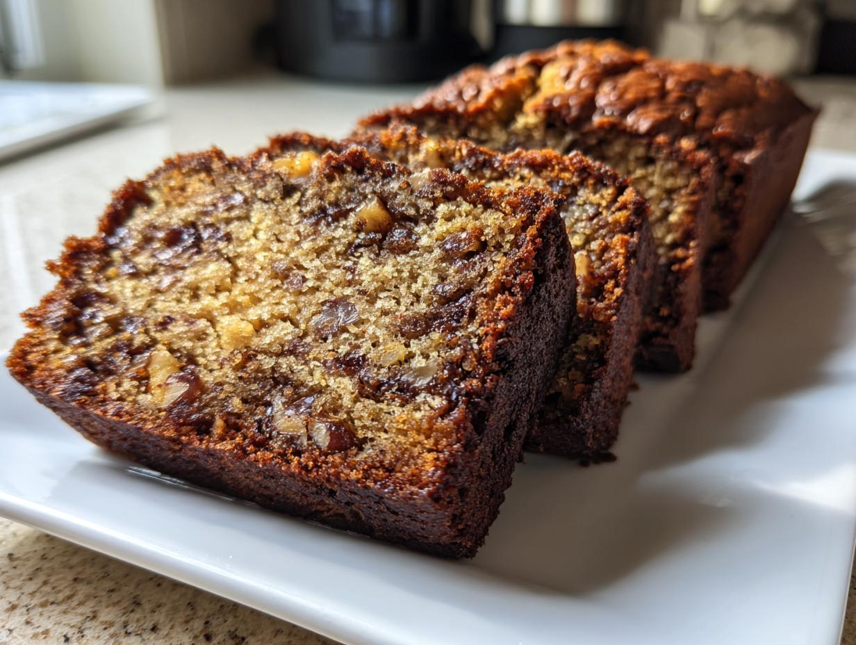 Close-up of thick slices of moist date nut bread displaying visible nuts and dates.
