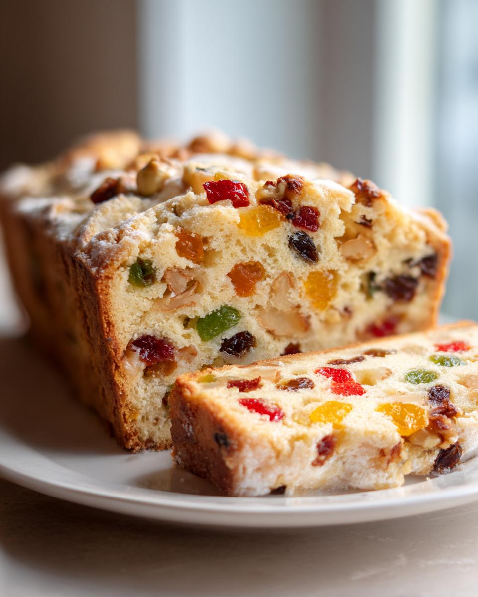 A close-up of a moist fruit cake loaf, sliced to show colorful candied fruits and nuts throughout the light batter.