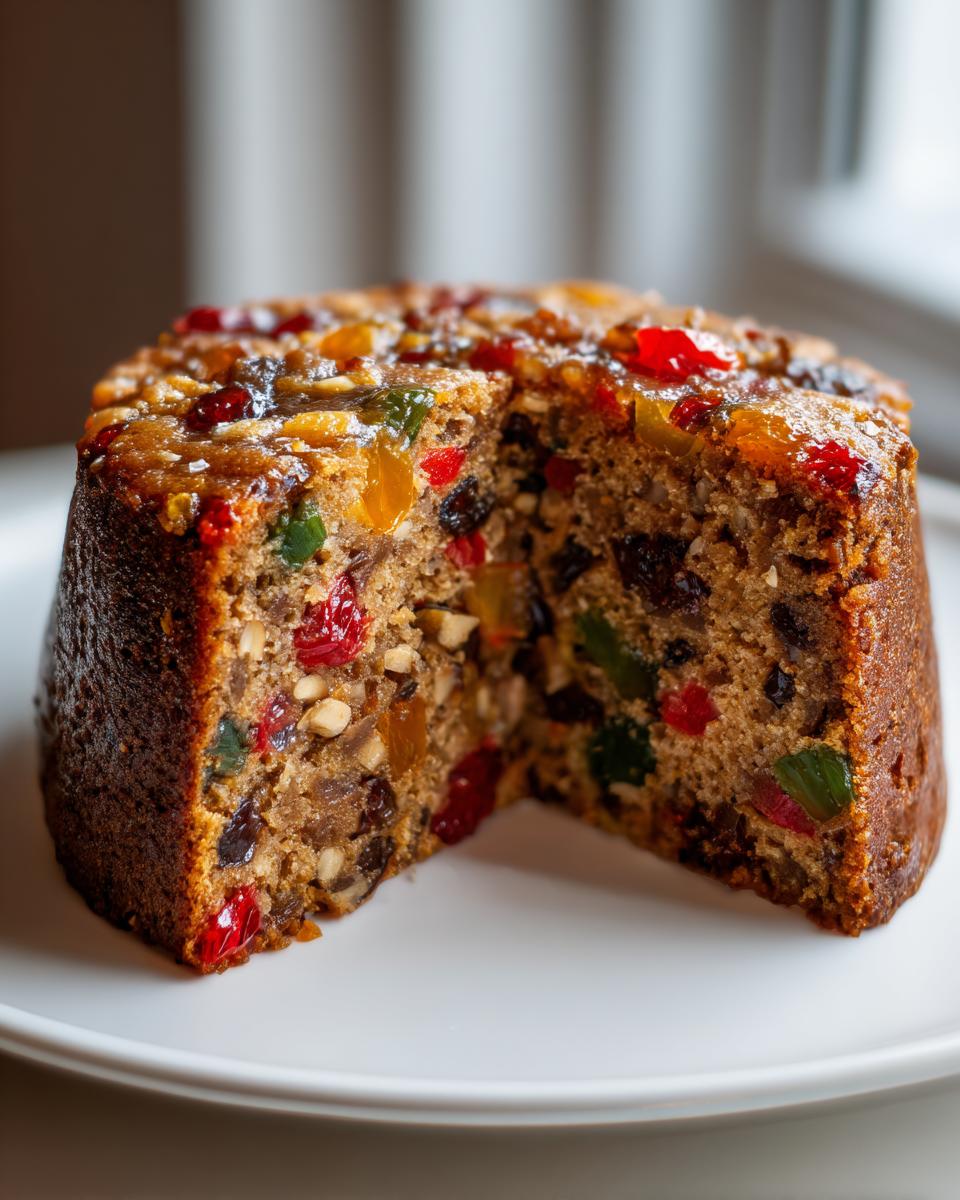 Close-up of a moist fruit cake recipe slice showing rich texture packed with colorful candied fruits and nuts.